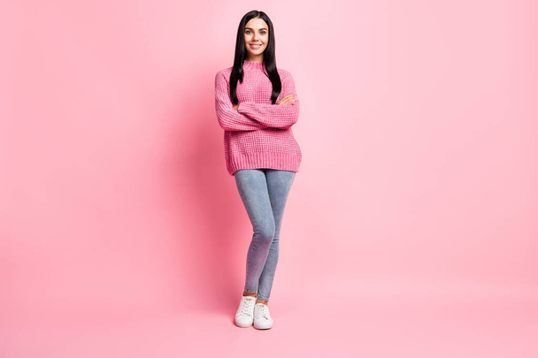 Photo portrait full body view of girl with crossed arms isolated on pastel pink colored background with blank space - Φωτογραφία, εικόνα