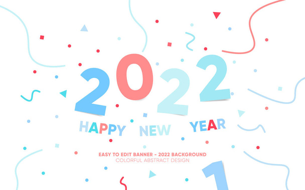 Vector Gelukkig nieuwjaar 2022 achtergrond met eenvoudige geometrische kleurrijke tekst en explosie van geometrische vormen. Ontwerp voor kerstvakantie webbanners, flyers en social media begroeting berichten. 2022 logo - Vector, afbeelding