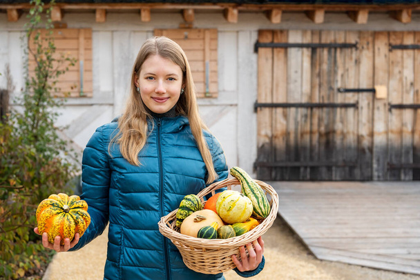 A girl in a household yard with a basket in her hands filled with fresh vegetables, in one hand holds a pumpkin and in the other holds a basket with vegetables, zucchini and pumpkins. Harvest Festival. Portrait of a modern farmer. Free place. - Photo, Image