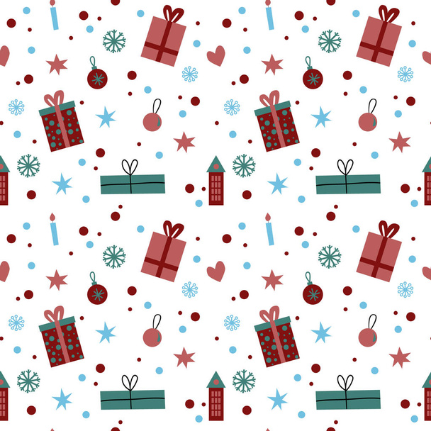 winter seamless pattern for wrapping paper. Christmas presents, boxes, stars on white background. vector Illustration - Vector, Image