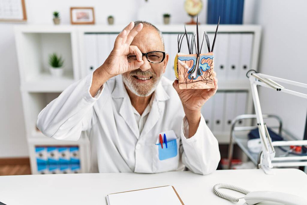 Mature doctor man holding model of human anatomical skin and hair smiling happy doing ok sign with hand on eye looking through fingers  - Fotoğraf, Görsel