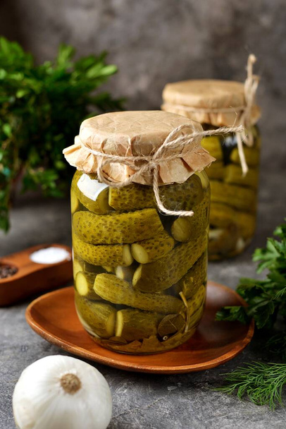 Homemade pickled cucumbers with onions and garlic. - Photo, Image
