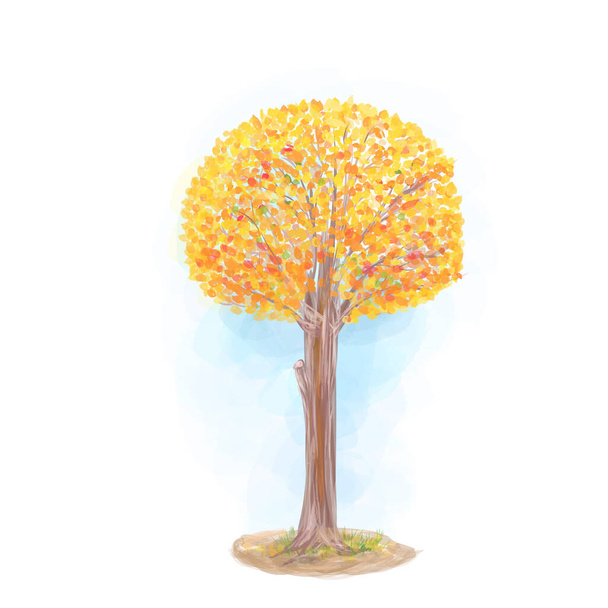 Digitales Kunstwerk eines Aquarell-Herbstbaums mit goldenen Blättern auf weißem Hintergrund. Vektorillustration für Ihr Design. - Vektor, Bild