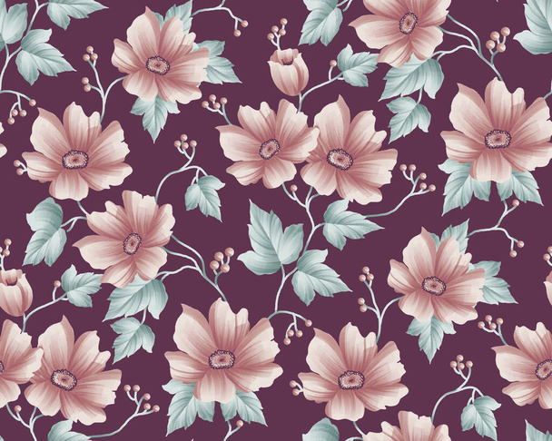 A 2D illustration of a beautiful floral seamless pattern on a dark purple background - Photo, Image