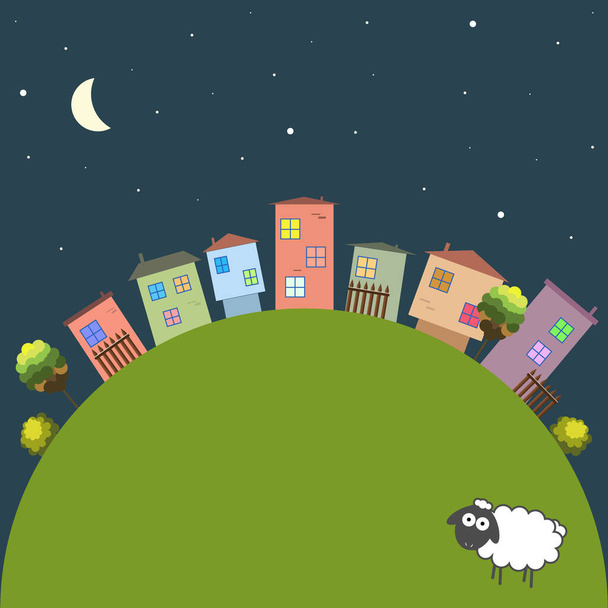 Tema de buenas noches con coloridas casas y ovejas - Vector, Imagen