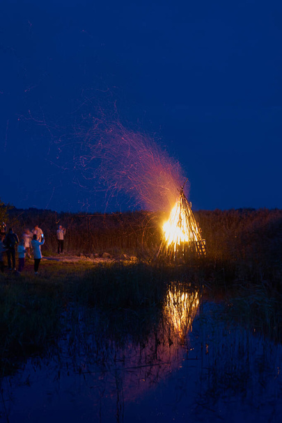 Яскраво палаючий вогонь на березі з очеретом на задньому плані
 - Фото, зображення