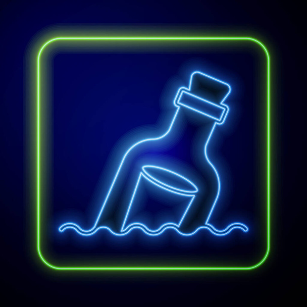 Botella de vidrio de neón brillante con un mensaje en el icono del agua aislado sobre fondo azul. Carta en la botella. Símbolo de piratas. Vector - Vector, Imagen