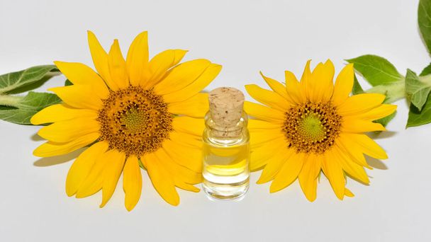 sunflower and sunflower oil on a white background - Photo, Image