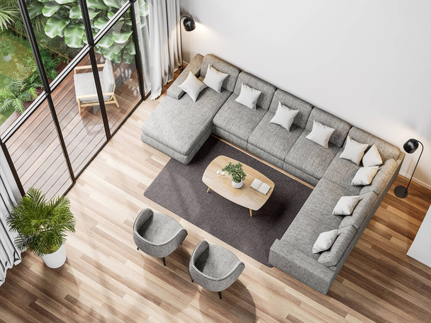 トロピカルスタイルのガーデンビュー3Dレンダリングを備えたモダンなリビングルームのトップビュー、客室には木製の床があり、グレーのファブリックソファで装飾されています、木製のテラスと緑の庭を見下ろす. - 写真・画像