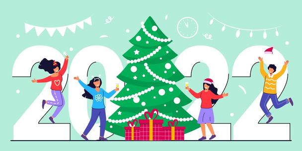 Mutlu insanlar Noel 'i kutluyor ve mutlu yeni yıl dansları Noel partisinde düz vektör illüstrasyon ofis insanları Noel Şapka Takımı - Vektör, Görsel
