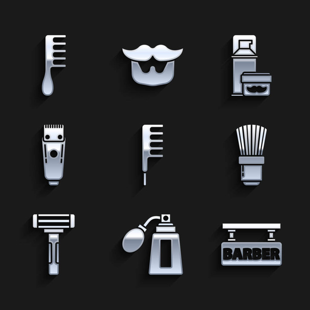 Set Hairbrush, Afterholení láhev s rozprašovačem, holičství, holení, holicí strojek, Elektrické vlasy stříhací strojek, gel pěna a ikona. Vektor - Vektor, obrázek