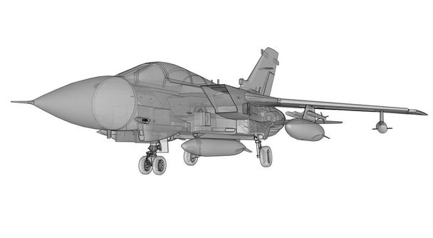軍用ジェット戦闘機のシルエット。輪郭線での航空機のイメージ。航空機の内部構造。3Dレンダリング. - 写真・画像