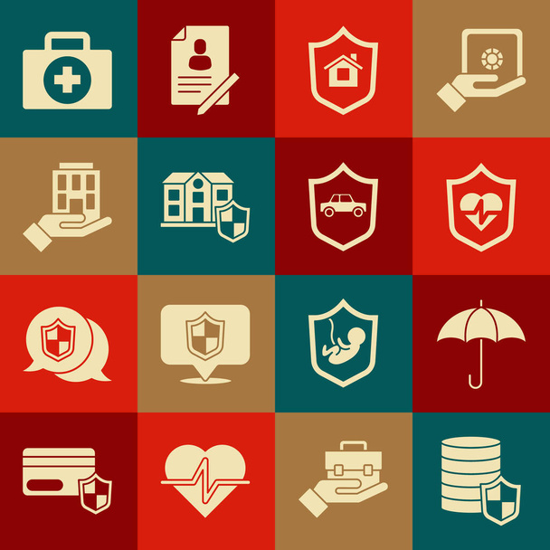 Set Money with shield, Umbrella, Life insurance, House, hand, First aid kit and Car icon. Vektor - Vektor, obrázek