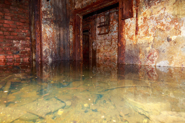 Flooded disguised secret military bunker. Abandoned bomb shelter. Background - Photo, Image