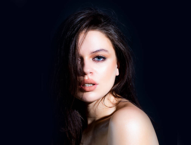 Woman with beauty face, facial portrait. Beautiful tender sensual young girl. Fashion model isolated in studio. - Φωτογραφία, εικόνα