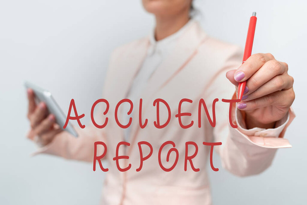 Hand writing sign Accident Report. Internet Concept A form that is filled out record details of an unusual event Presenting New Technology Ideas Discussing Technological Improvement - Photo, Image