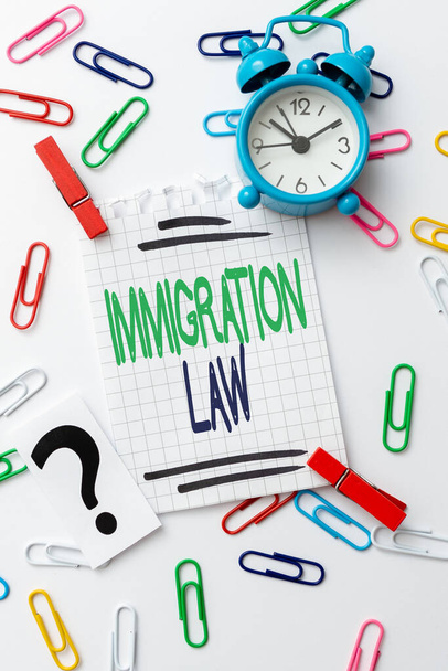 手書きのテキスト移民法。ビジネスアイデア国内法と移民に関する法的先例創造的なホームリサイクルのアイデアとデザイン概念時間管理 - 写真・画像