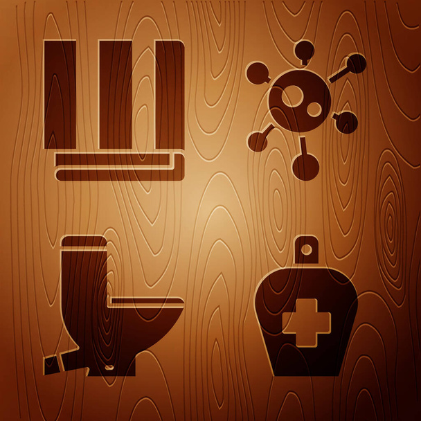 Set Bottle of liquid antibacterial soap, Towel stack, Toilet bowl and Virus on wooden background. Vector - Διάνυσμα, εικόνα