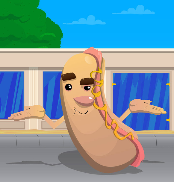 Hot Dog zuckt mit den Schultern und drückt seine Unwissenheit aus. Amerikanisches Fast Food als Comicfigur mit Gesicht. - Vektor, Bild