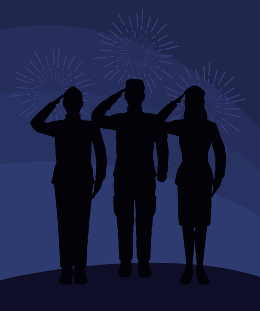 three military saludating silhouettes - Vector, Image