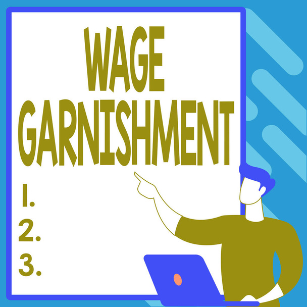 Conceptual caption Wage Garnishment. Word Written on Deducting money from compensation ordered by the court Creating New Computerized Filing System, Filling Online Documentations - Photo, Image