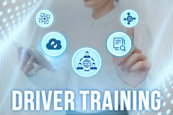 Conceptual display Driver Training. Business idea prepares a new driver to obtain a driver s is license Lady Holding Tablet Pressing On Virtual Button Showing Futuristic Tech. - Photo, Image