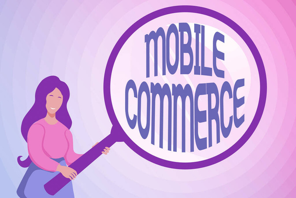 Text caption presenting Mobile Commerce. Concept meaning Using mobile phone to conduct commercial transactions online Abstract Investigation And Finding Clues, Searching For Answers Concepts - Photo, Image