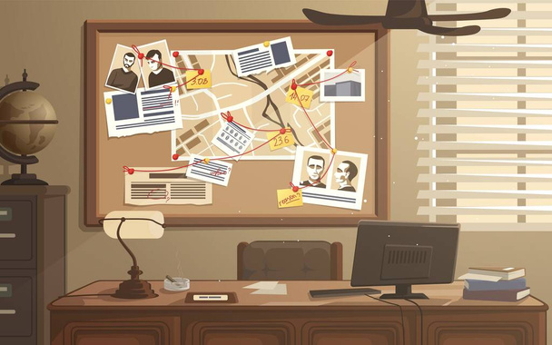 Detective workplace. Police office with investigation board. Searching evidences. Photos, notes and map attached to pinboard. Investigators room with desk and safe. Vector illustration - Vector, Image