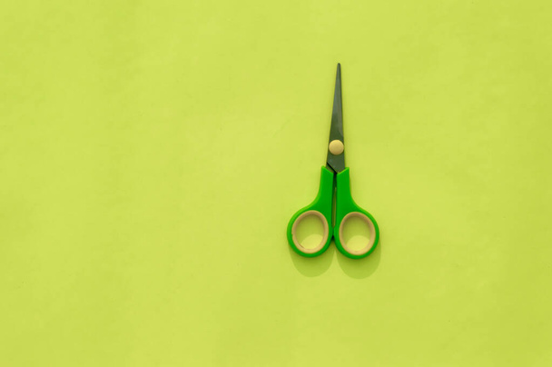 Green scissors isolated on Light green background. Table top view. Copy space for text. - Photo, Image