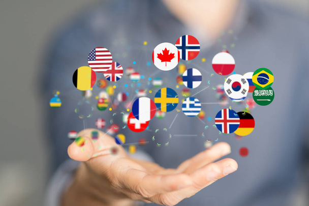 A 3D rendering of the world's flags and a male hand on a blurry background - Fotoğraf, Görsel