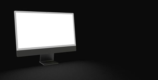 Realistyczny komputer 3D, z białym ekranem, odizolowany na czarnym tle - Zdjęcie, obraz