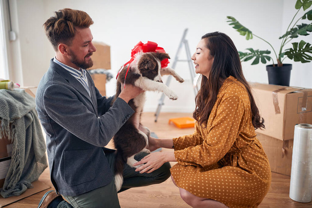 Husband surprising wife with moving in puppy gift - Φωτογραφία, εικόνα