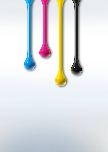 3D cmyk ink drops isolated on white paper background. Illustration - 写真・画像