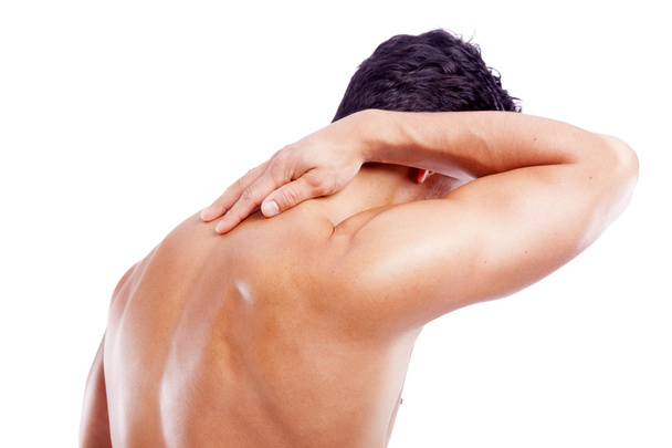 Uomo muscolare tenendo la schiena nel dolore
 - Foto, immagini