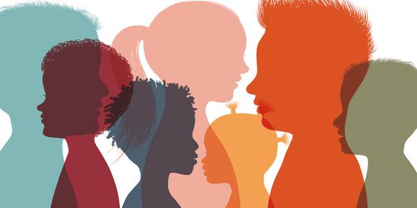 Têtes visages silhouettes colorées multiculturelles et multiethniques diversité enfants de profil. Concept d'enseignement et d'apprentissage des études. Enseignement préscolaire ou primaire. Amis - Vecteur, image