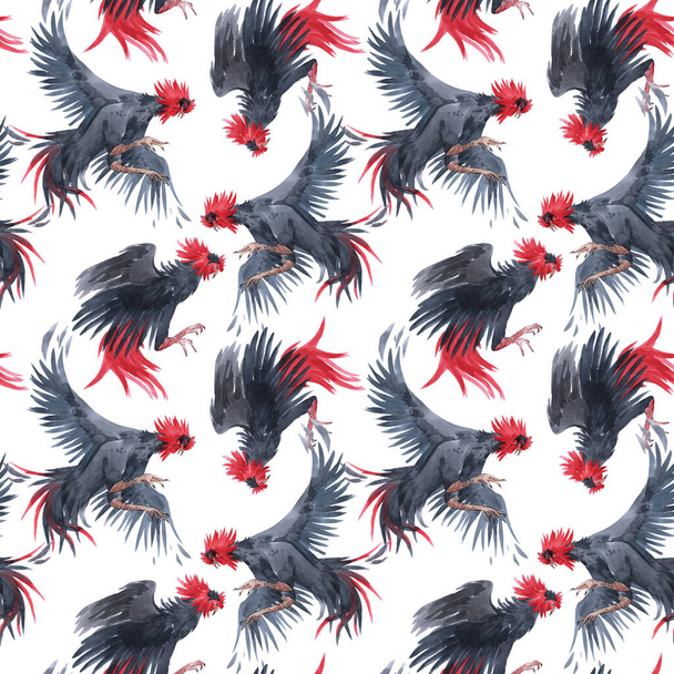 Beautiful seamless pattern with watercolor black roosters. Stock illustration. - 写真・画像