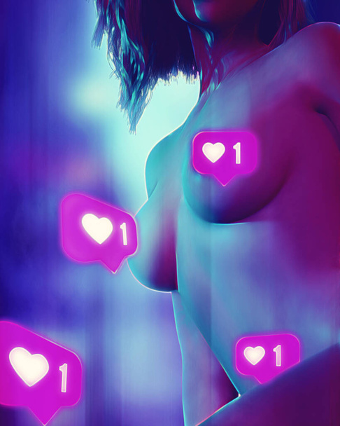 Nackte sexy Frau, die süchtig nach sozialen Medien ist. Bunte Neonlichter. Leben für Gleiche. Gadgets Konzept. Internetsucht - Foto, Bild