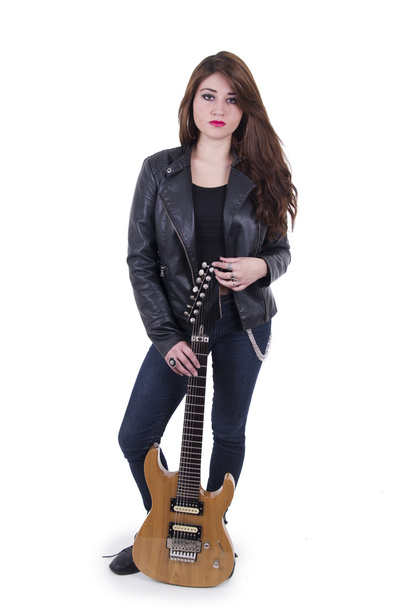 Beautiful sexy young musician girl holding electric guitar - Fotografie, Obrázek
