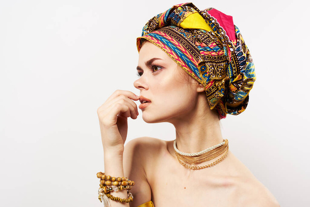 pretty woman multicolored turban ethnicity fashion posing - Foto, afbeelding