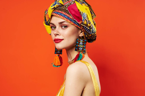 pretty woman in multicolored turban attractive look Jewelry Studio Model - Fotoğraf, Görsel