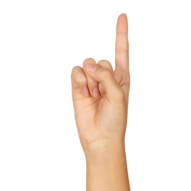 american sign language number 1. female hand gesturing isolated on white background - Fotó, kép