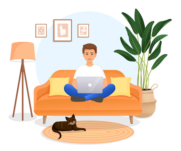 男は猫とノートパソコンを持って部屋のソファに座っている。フリーランスのフラットベクトルイラスト,自宅での仕事,仕事,オフィス,教育.ソーシャルネットワークでのリモートワークとコミュニケーション. - ベクター画像