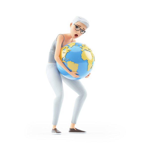 3d senior woman lifting heavy earth, illustration isolated on white background - Zdjęcie, obraz