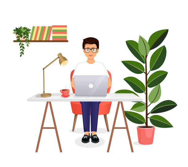 男はテーブルに座って、自宅のコンピュータで動作します。リモートワーク、フリーランス、ホームオフィス、プログラミング、トレーニング。猫との居心地の良い作業室。植物とインテリア。ベクターイラスト - ベクター画像