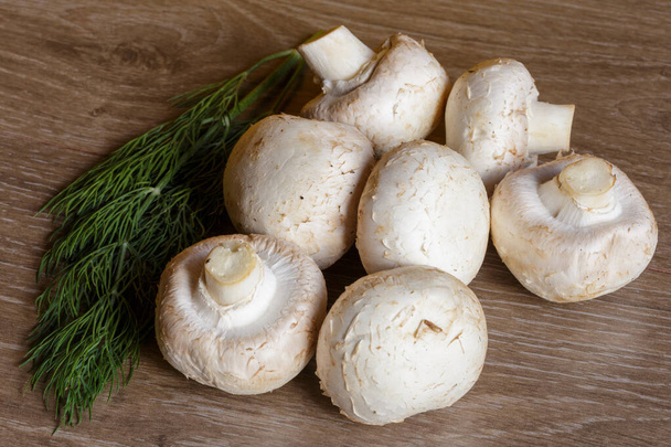 The fresh champignon mushrooms ready for cooking. A top view closeup of fresh mushrooms. - Photo, Image