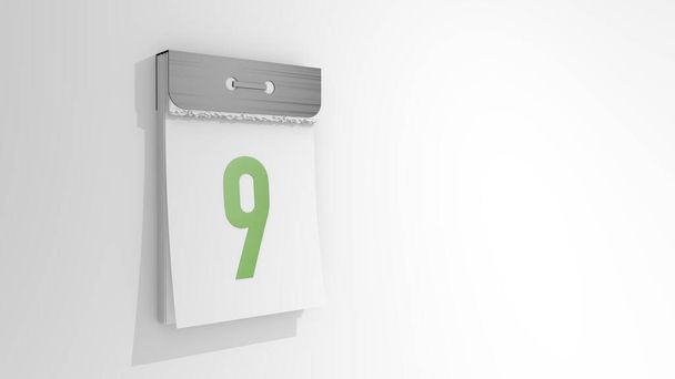 Abreißkalender mit der Nummer 9. Stilvolle 3D-Darstellung des neunten Datums. 3D-Abbildung auf weißem Hintergrund Tag neun. - Foto, Bild