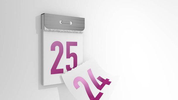 3D-Darstellung eines minimalistischen Abreißkalenders. 3D-Illustration der wechselnden Tage von 24 auf 25. Fallende Seite des vergangenen Tages. - Foto, Bild
