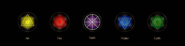 Fünf-Elemente-Symbole und Magic Spirit-Symbol, Gold runde Symbole setzen Vorlage. Luft, Feuer, Wasser, Erde vier Symbole. Piktograph Alchemie Zeichen isoliert auf schwarzem Hintergrund. Bunte Vektorelemente - Vektor, Bild