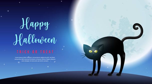ハッピーハロウィンバック猫と満月の夜の背景 - ベクター画像