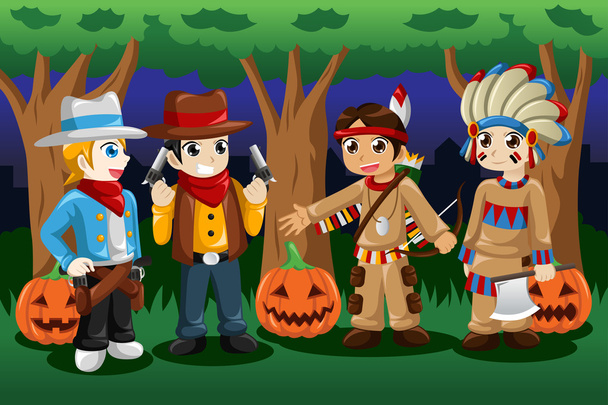 Boys dressed up as cowboys and Native Americans - Vector, Image